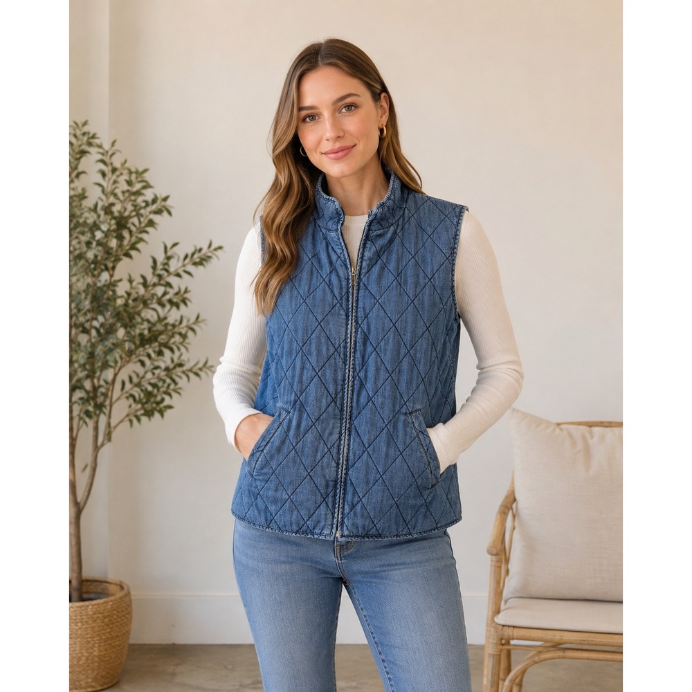 Coldwater Creek XL Quilted Denim Vest Blue Diamond Stitch Zip Front Preppy